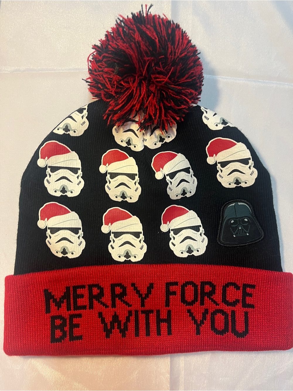 Star Wars Black & Red Stormtrooper Pom Beanie with Darth Vader Patch